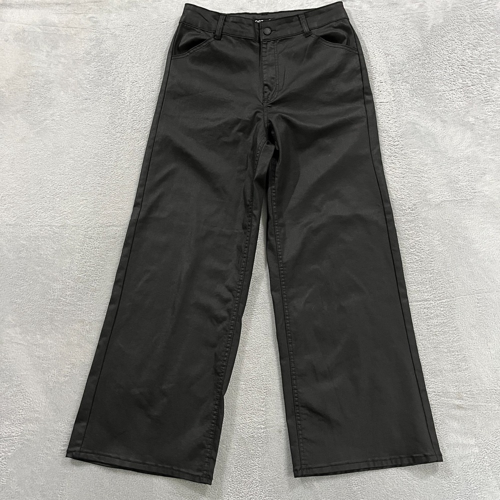 OAT New York High Rise Wide Leg Pants 10 30 Black Coated Stretch Grunge Goth Y2K